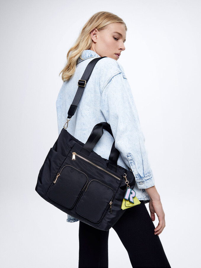 Sac Shopper En Nylon Avec Pendentif, Noir, hi-res