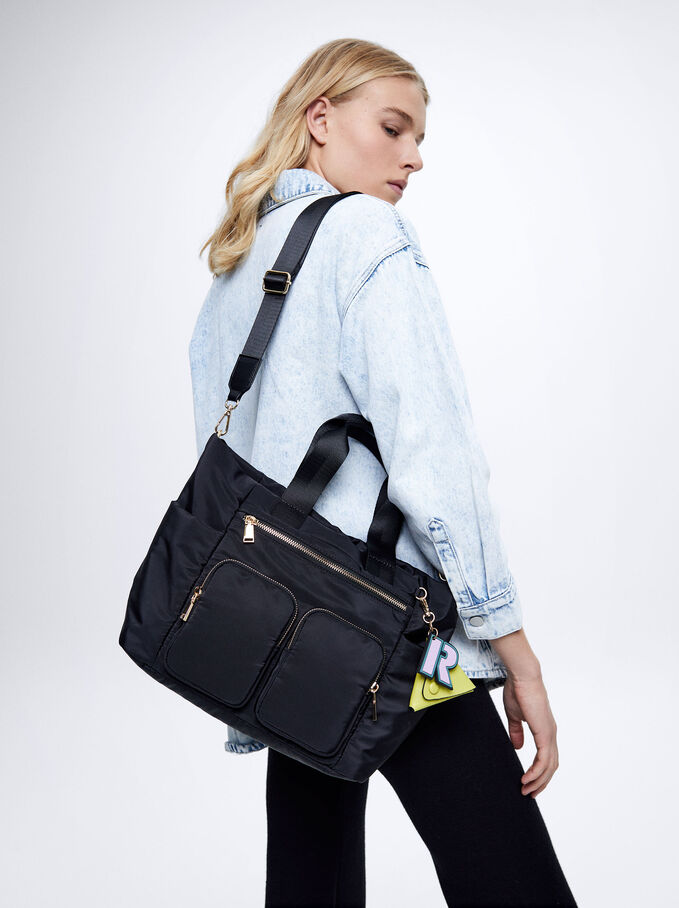 Nylon Shopper Bag With Pendant, Black, hi-res