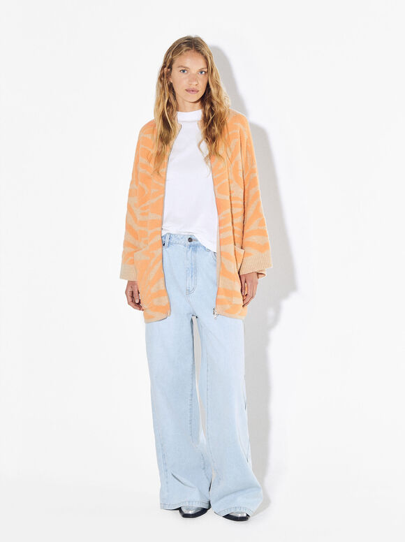 Online Exclusive - Animal Print Knit Cardigan, Orange, hi-res