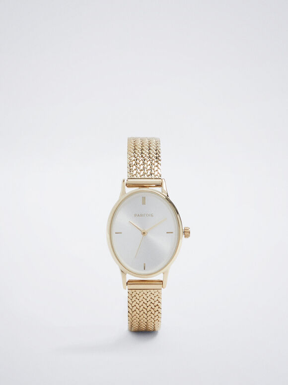 Watch With Stainless Steel Metallic Mesh Strap, Golden, hi-res