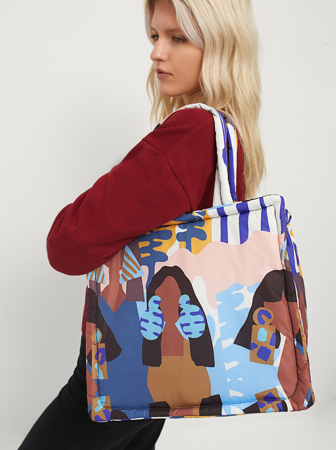 Nylon Printed Shopper Bag, Blue, hi-res