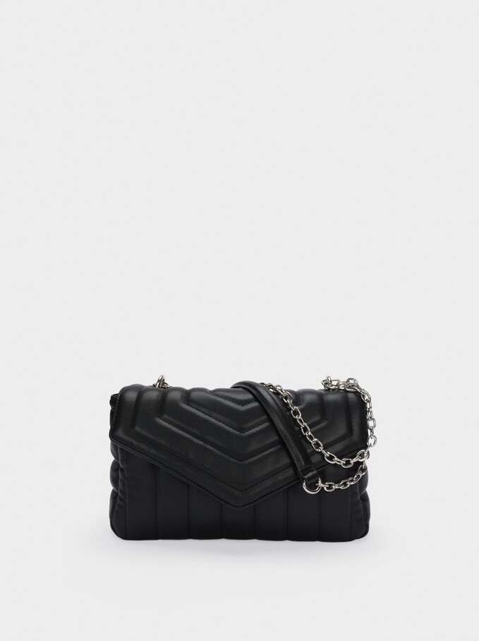 Quilted Shoulder Bag With Contrast Strap, Black, hi-res