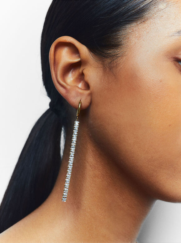 Stainless Steel Earrings With Zirconia, Golden, hi-res