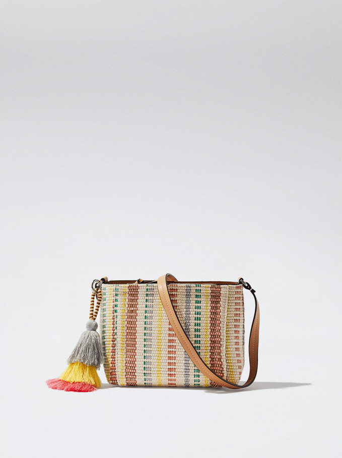 Bolso Efecto Paja Con Colgante, Coral, hi-res
