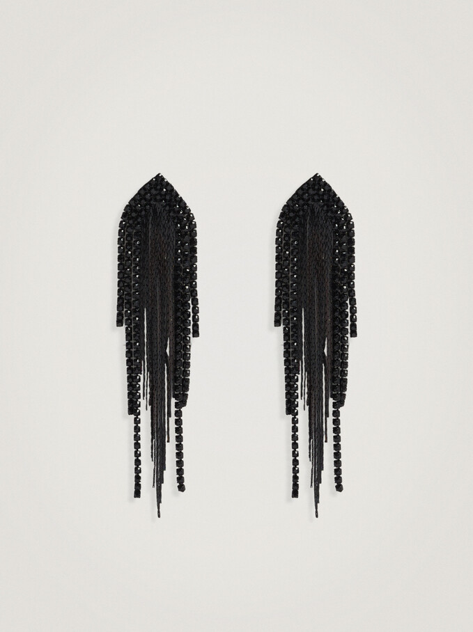 Long Dangle Earrings, Black, hi-res