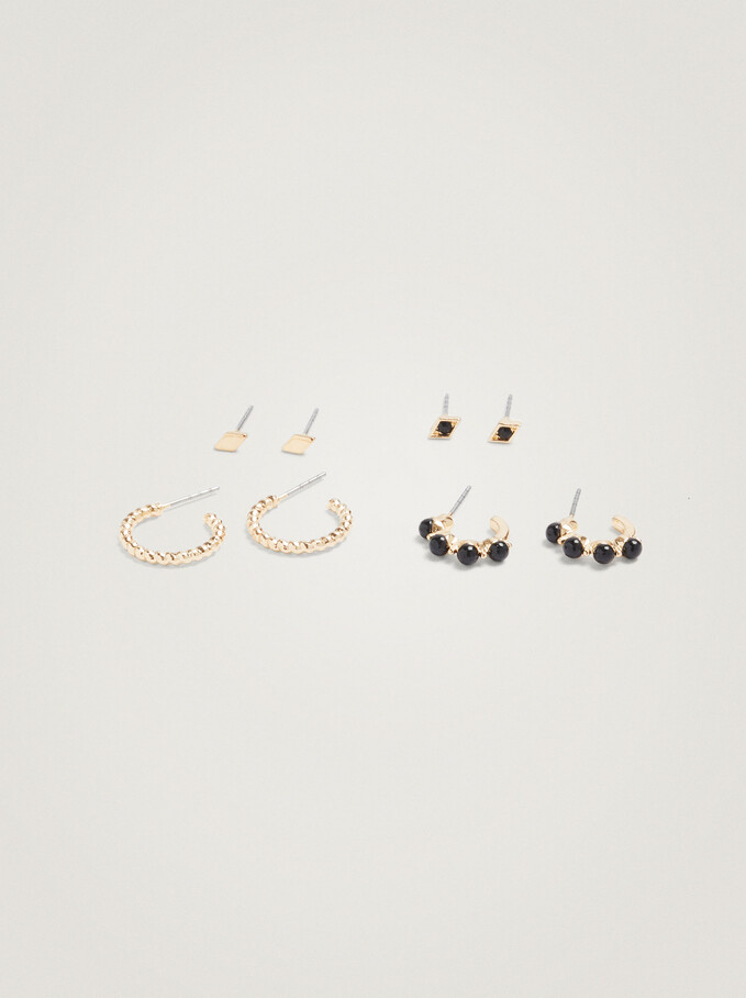 Set Of Earrings With Stone, Black, hi-res