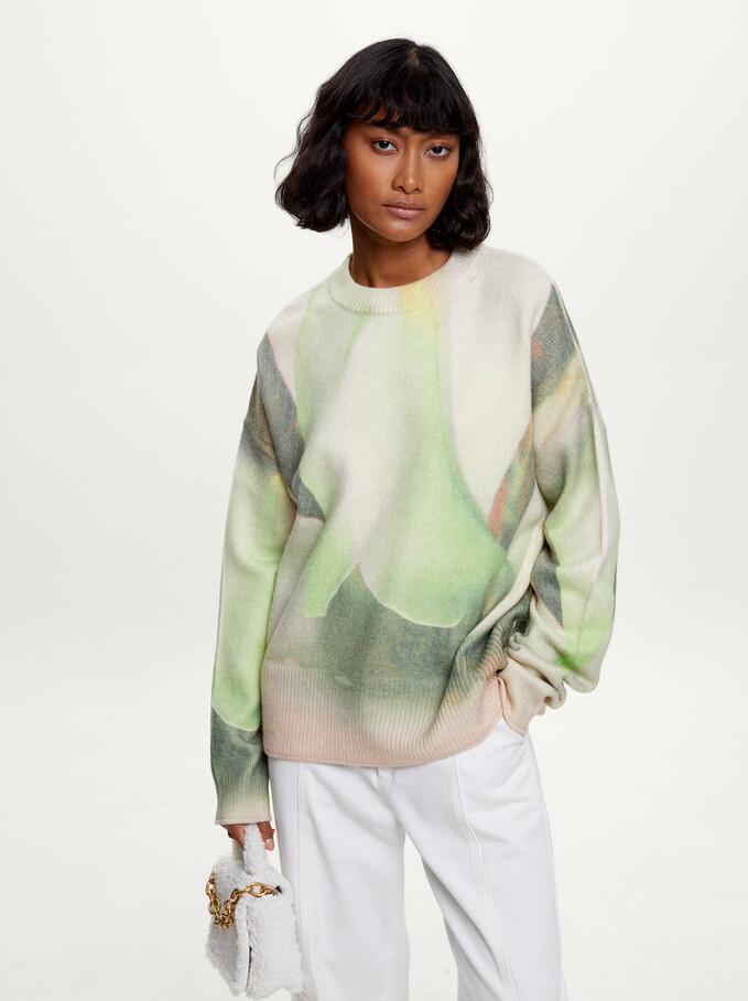 Printed Knit Sweater, Ecru, hi-res