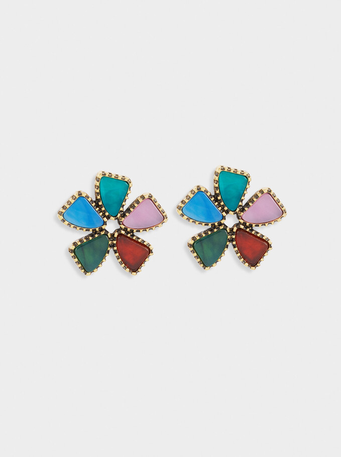 Short Flower Earrings, Multicolor, hi-res