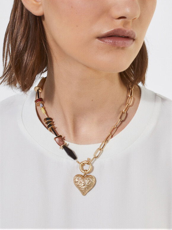 Golden Necklace With Heart, Multicolor, hi-res