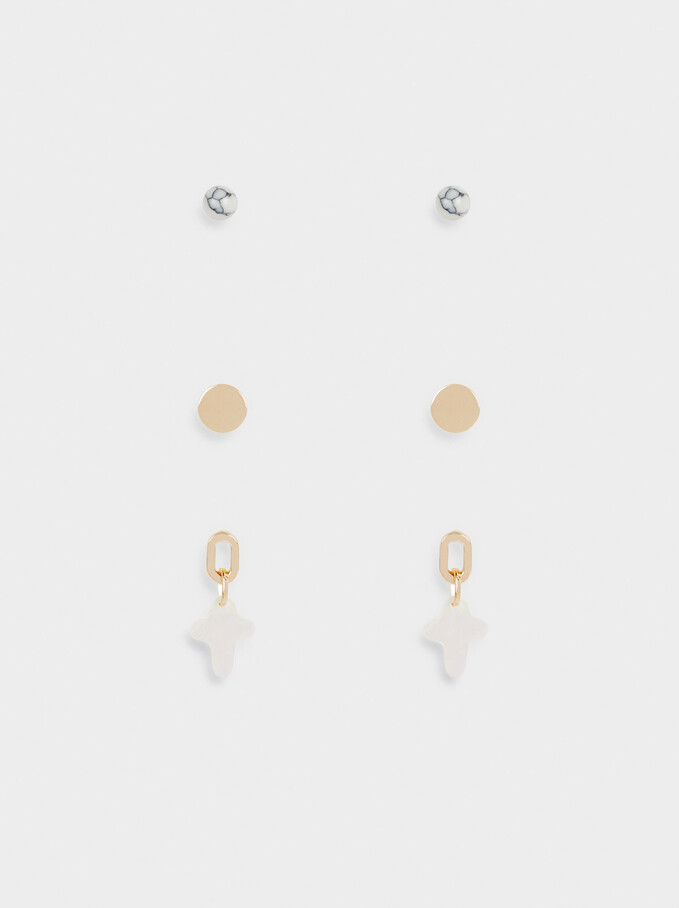 Set Of Earrings With Cross, Golden, hi-res