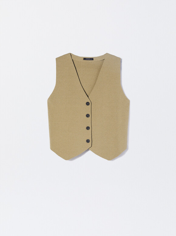 Knitted V-Neck Vest, Camel, hi-res
