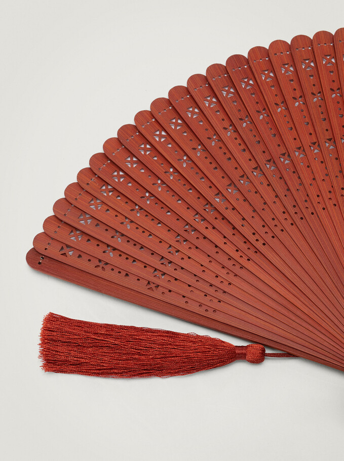 Perforated Fan With Tassel, Orange, hi-res