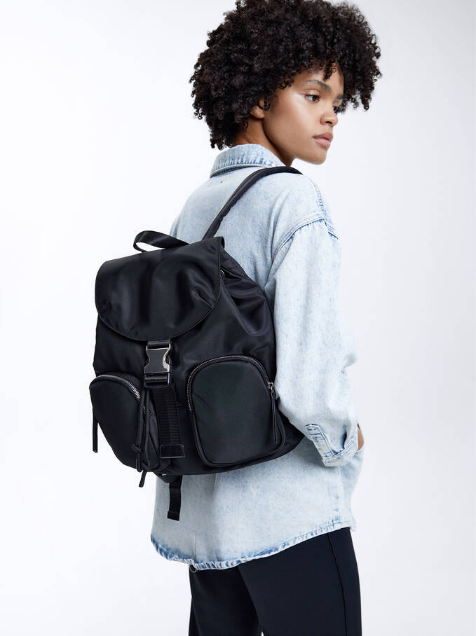 Nylon Backpack With Outside Pockets, Black, hi-res