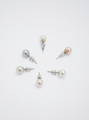 Pack Of Multi-Finished Earrings With Pearls, Multicolor, hi-res