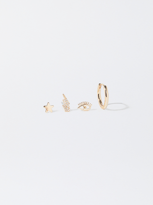 Set Of Earrings With Crystals, Golden, hi-res