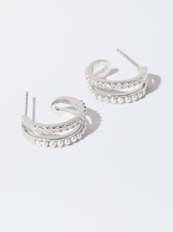 Hoop Earrings With Zirconia, Silver, hi-res