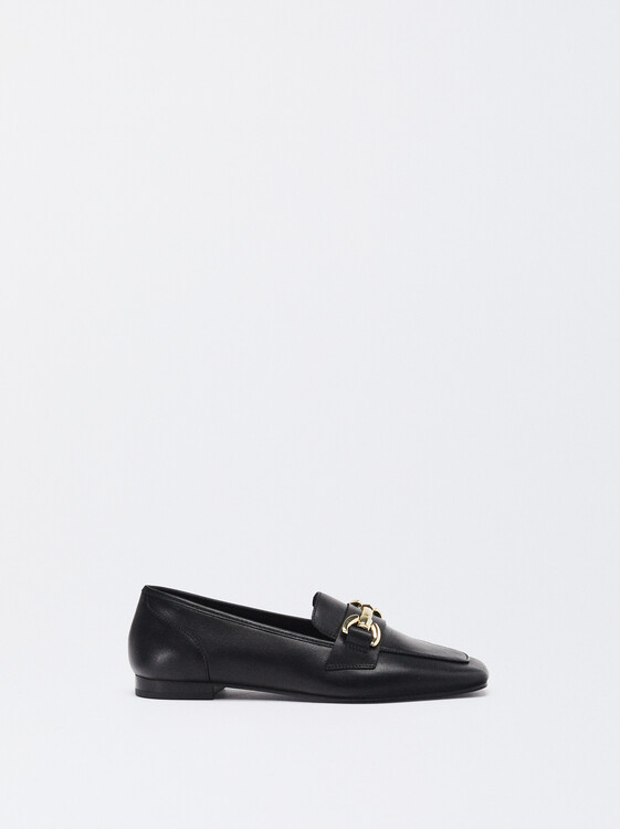 Leather Loafers With Buckle, Black, hi-res