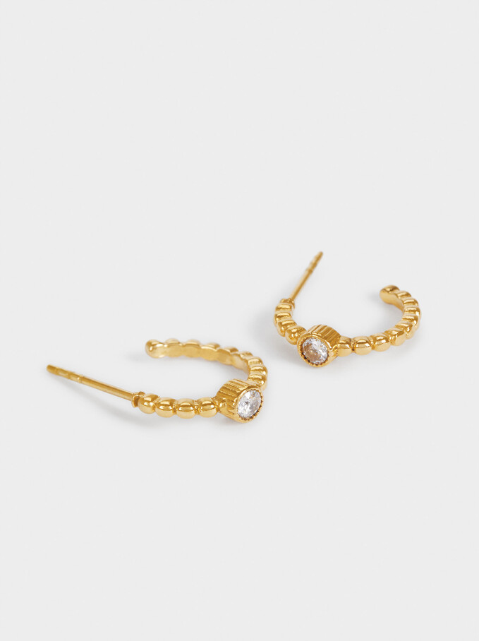Stainless Steel Small Hoop Earrings With Crystals, Golden, hi-res