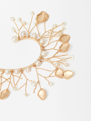 Bijoux D'Oreille Dorée Avec Perles, Blanc, hi-res