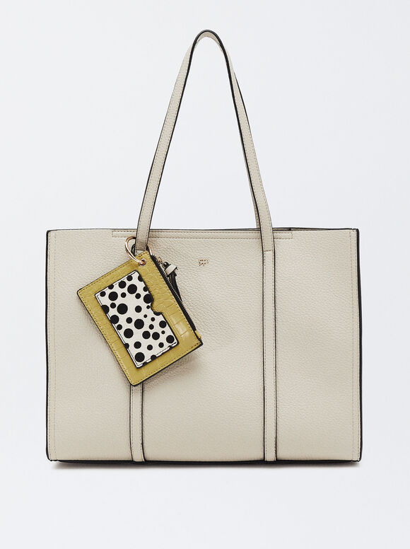 Tote Bag With Leather Pendant, Ecru, hi-res