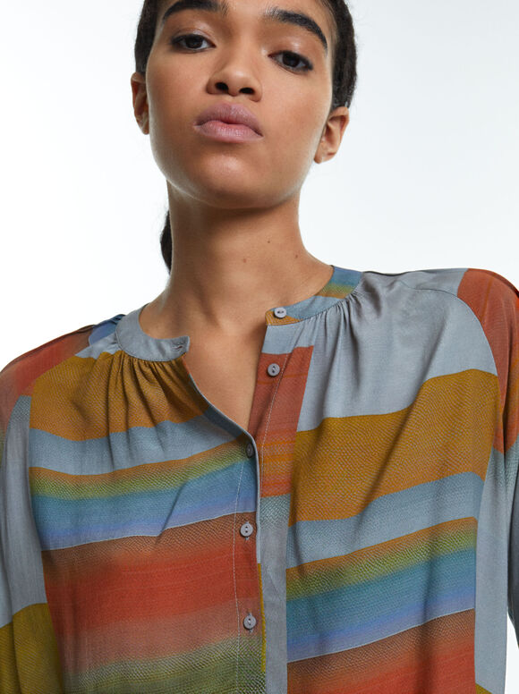 Puff Sleeve Printed Shirt, Multicolor, hi-res