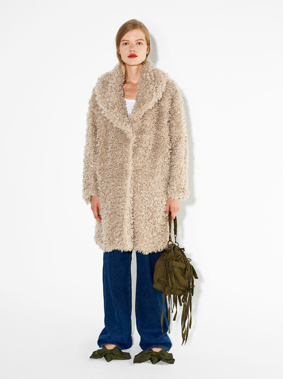Online Exclusive - Long Fur Coat , Beige, hi-res