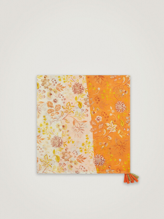 Floral Print Scarf, Orange, hi-res