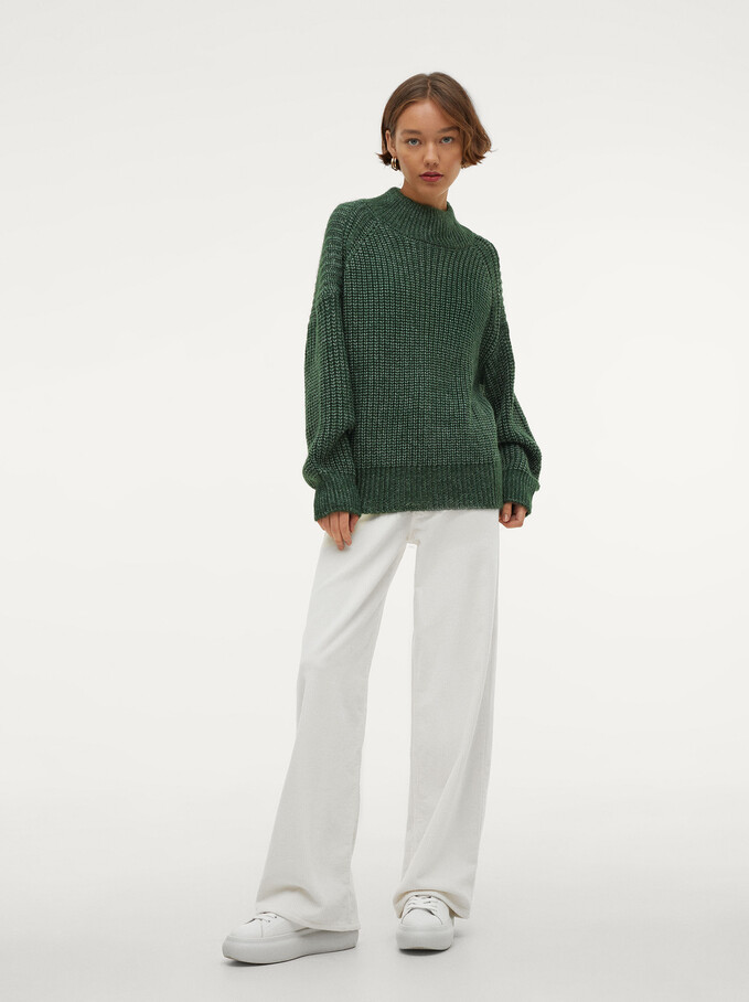 High-Neck Knit Sweater, Green, hi-res
