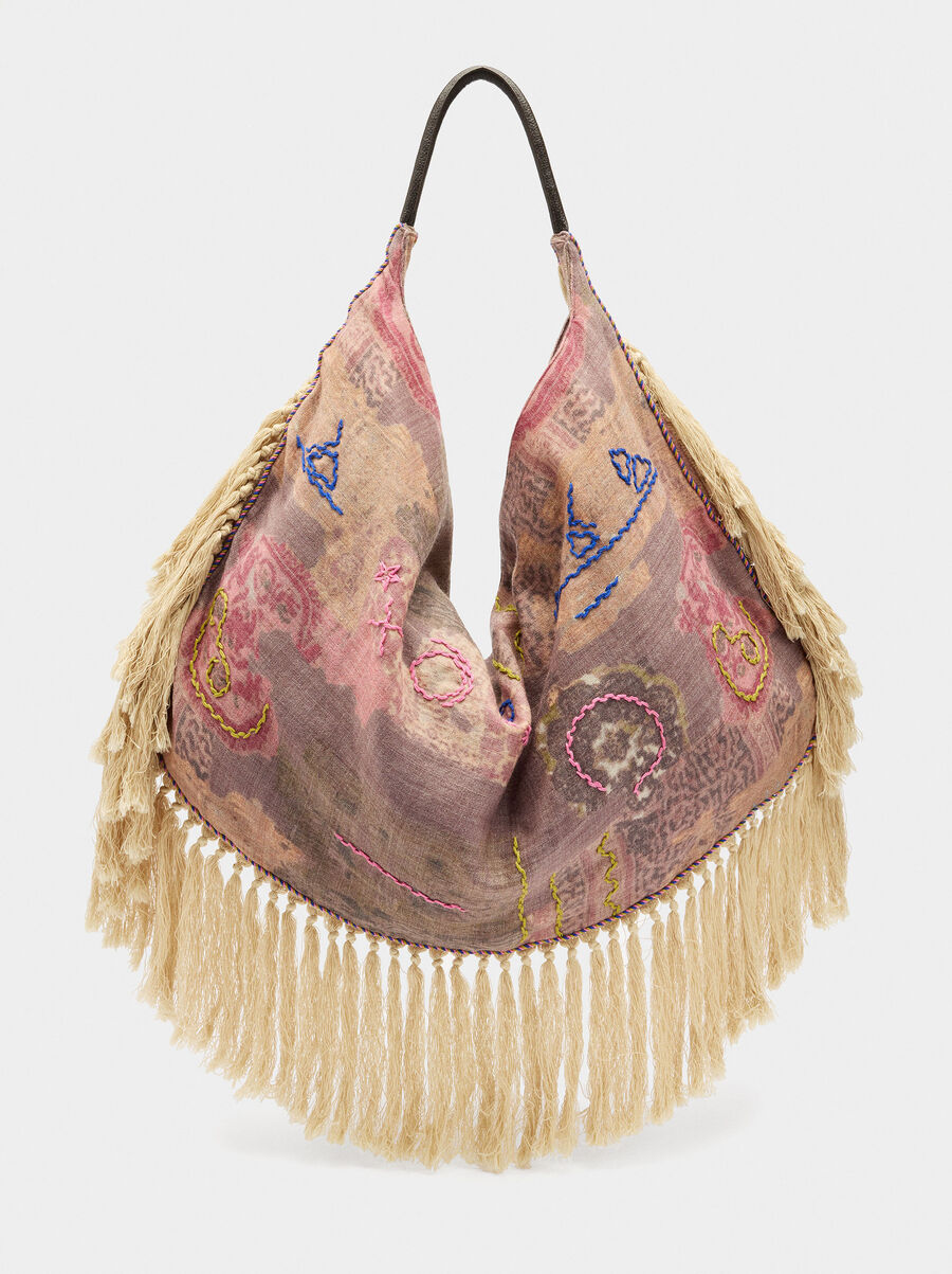 Fabric shopper bag with fringes