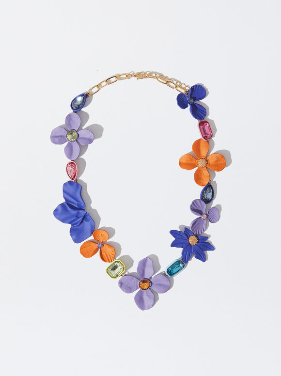Enameled Flower Necklace With Crystals, Multicolor, hi-res