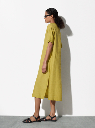 100% Linen Dress, Yellow, hi-res