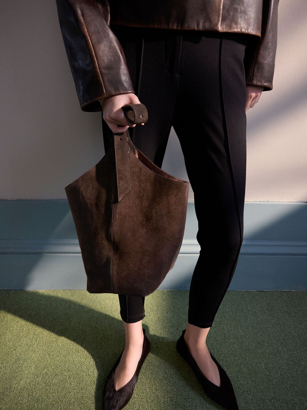 Suede bucket bag with inner pouch