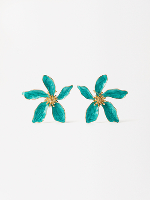 Enameled Flower Earrings, Blue, hi-res