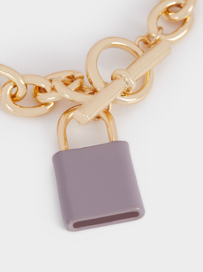 Chain Link Bracelet With Padlock Pendant, Beige, hi-res