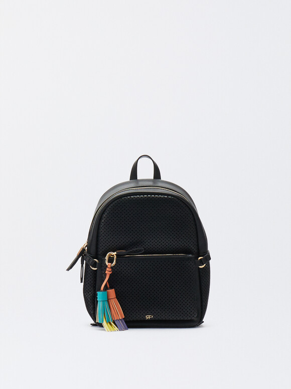 Perforated Backpack With Pendant, Black, hi-res
