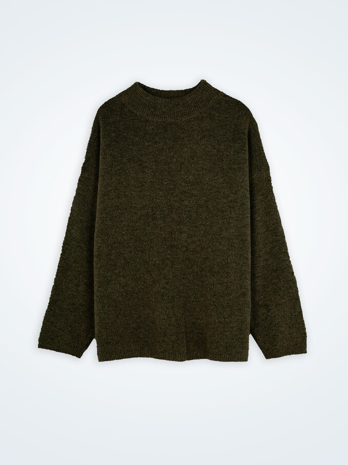 Knitted Perkins Neck Sweater, Khaki, hi-res