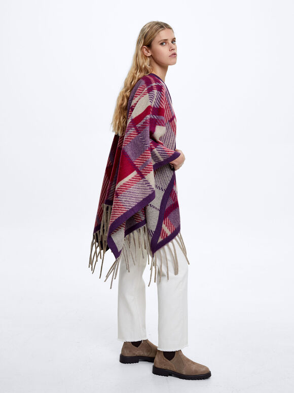 Check Knitted Poncho, Purple, hi-res