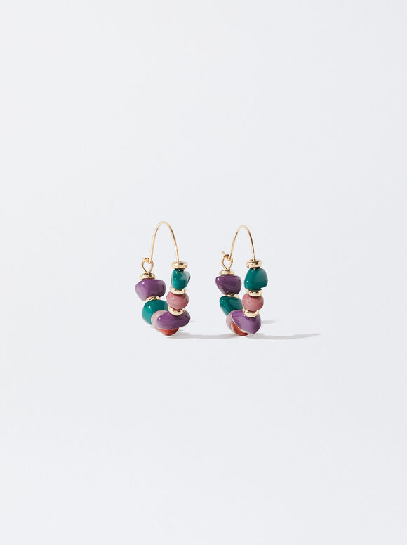 Golden Earrings With Beads, Multicolor, hi-res