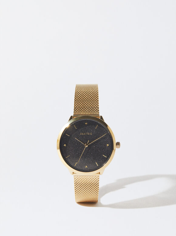Watch With Stainless Steel Metallic Mesh Strap, Golden, hi-res