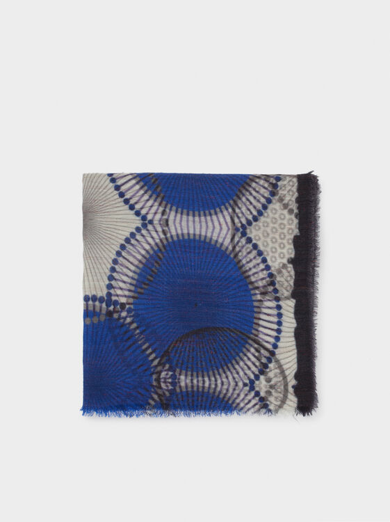 Printed Wool Scarf, Blue, hi-res