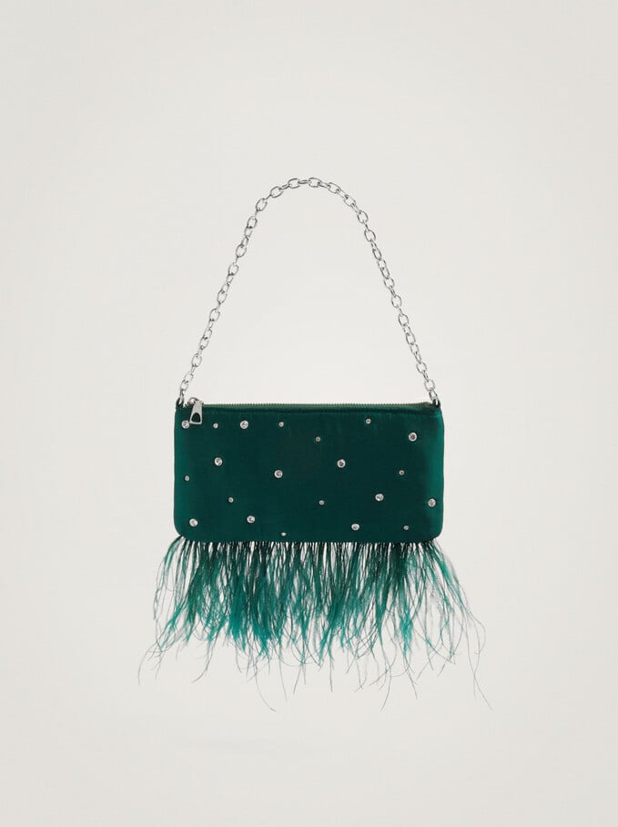 Party Bag With Feather And Strass, Green, hi-res