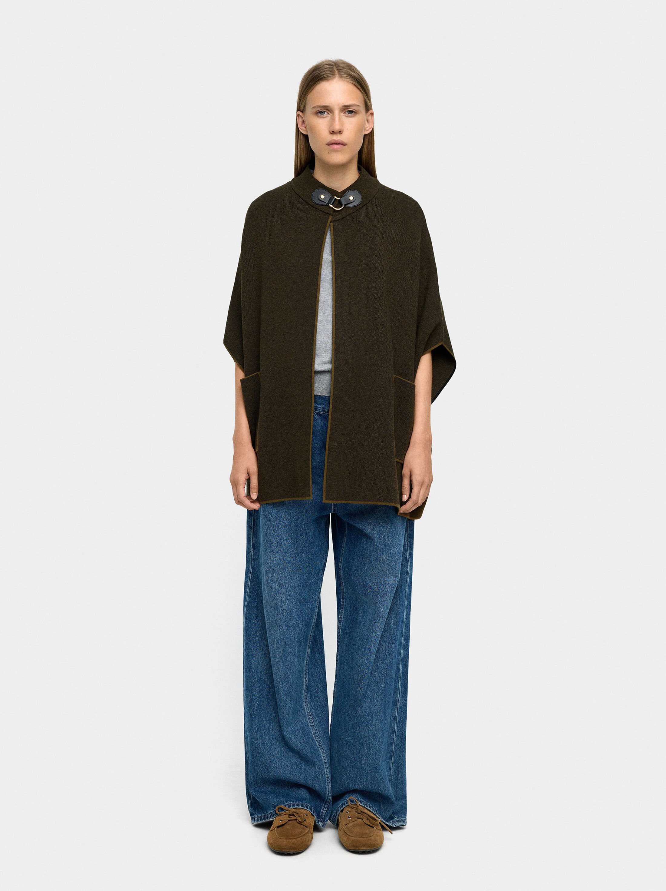 Knitted poncho with stitching detail image number 1.0