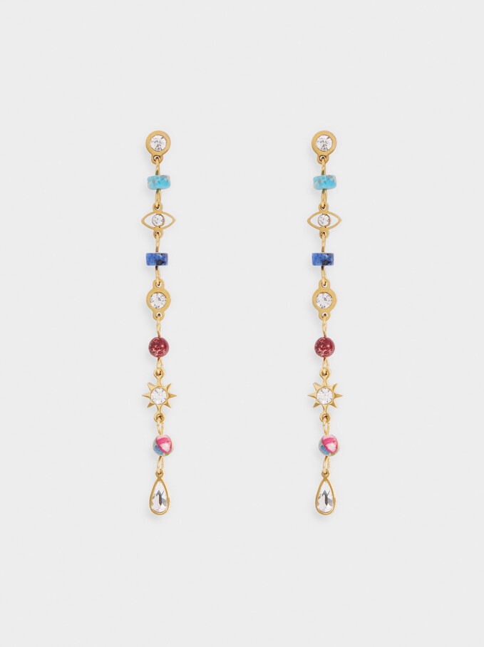 Steel Long Earrings With Stones And Charms, , hi-res