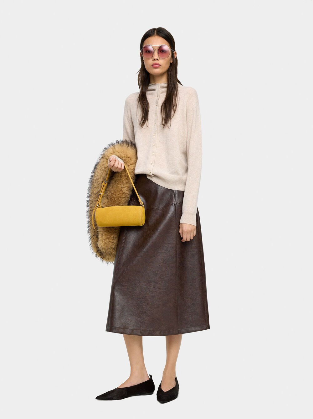 Midi skirt with leather-effect