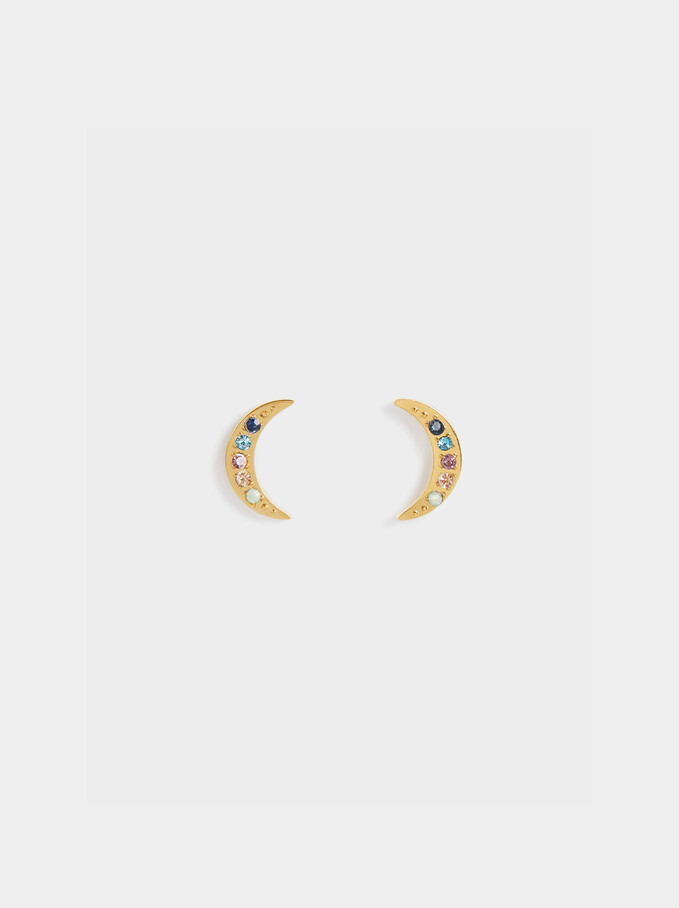 Short Stainless Steel Earrings With Moon And Crystals , Multicolor, hi-res