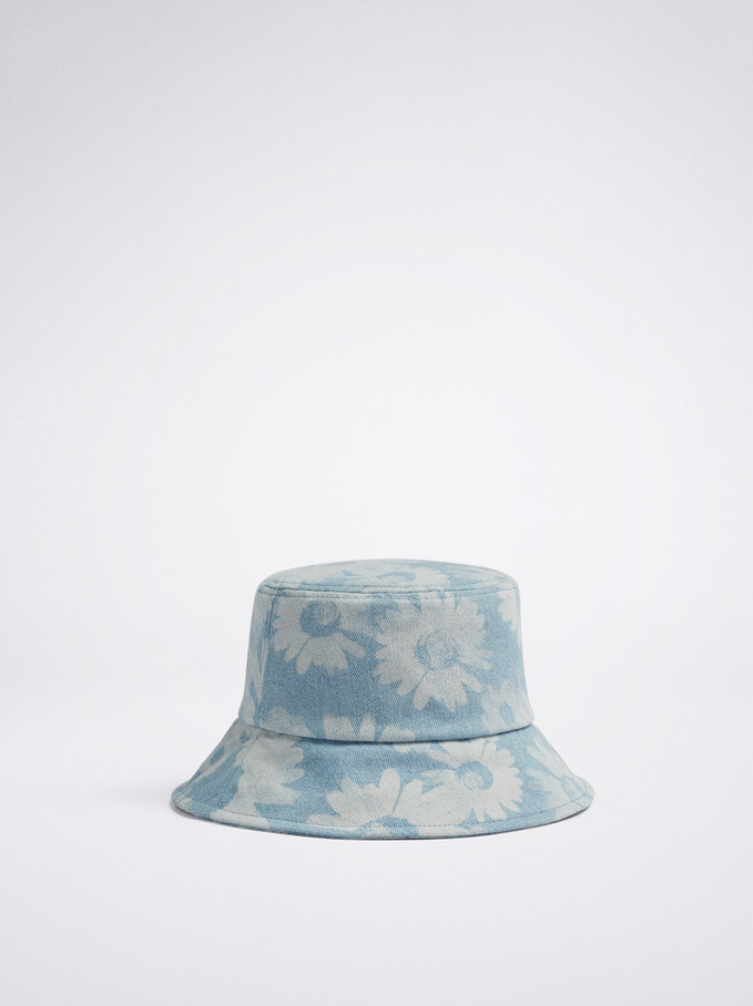 Flower Print Denim Bucket Hat, Blue, hi-res