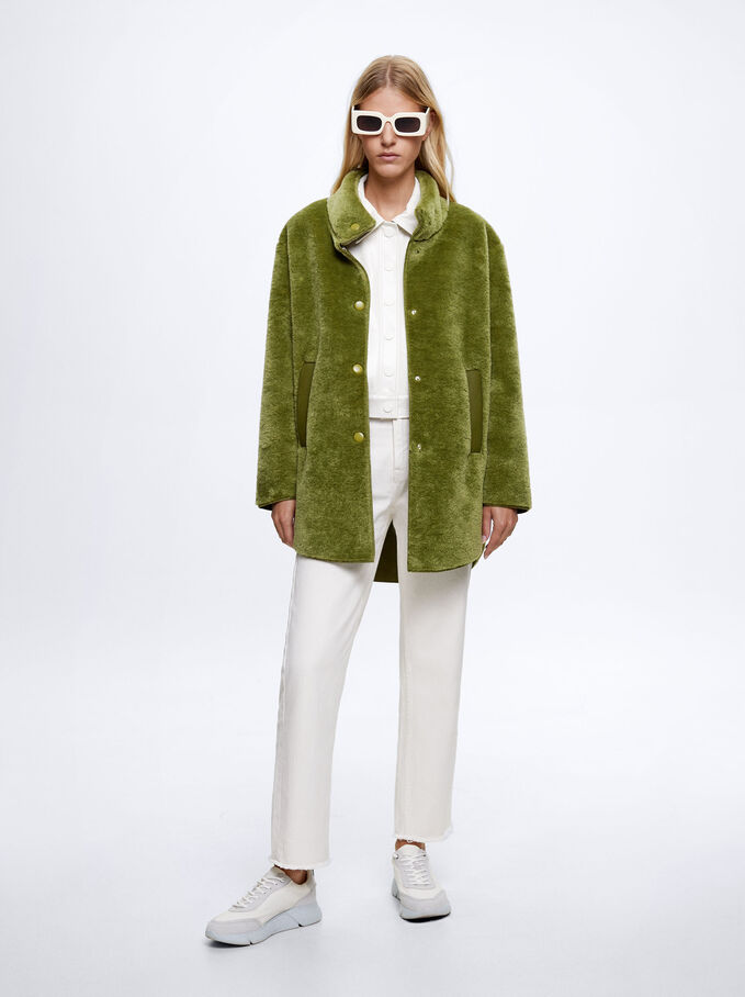 Faux Fur Coat With Pockets, Green, hi-res