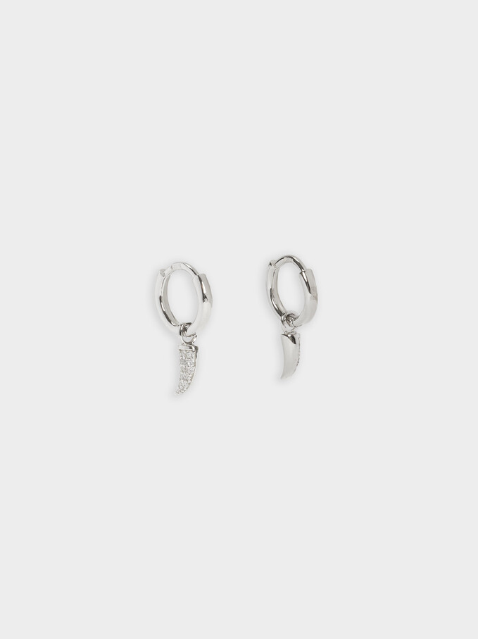 Short 925 Sterling Silver Hoops With Horn, Silver, hi-res