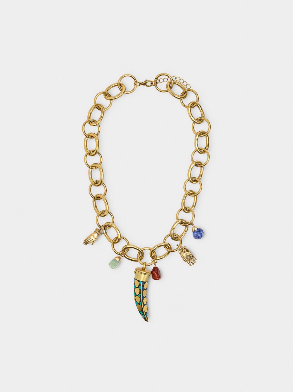 Necklace with dangling stone hoop earrings