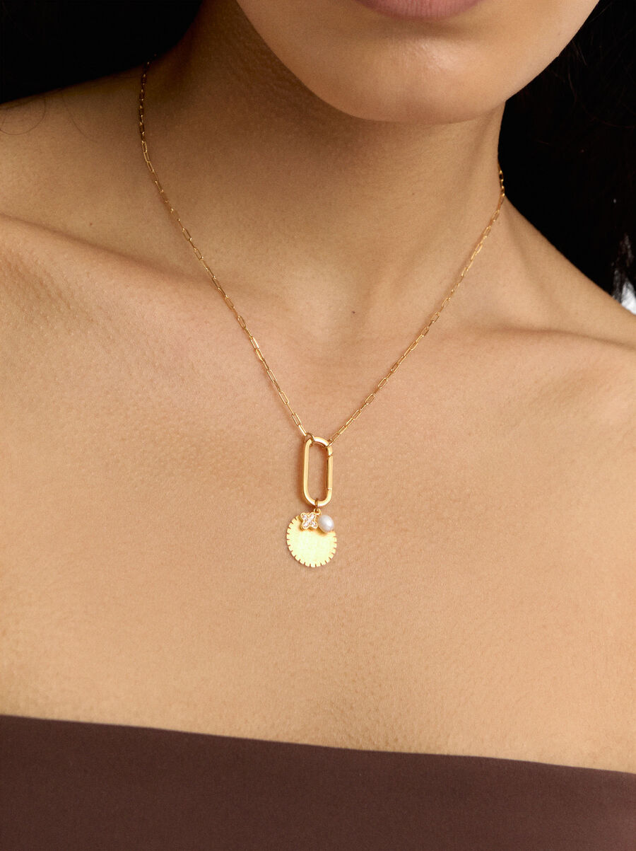 Link necklace with medal and freshwater pearl - 925 sterling silver